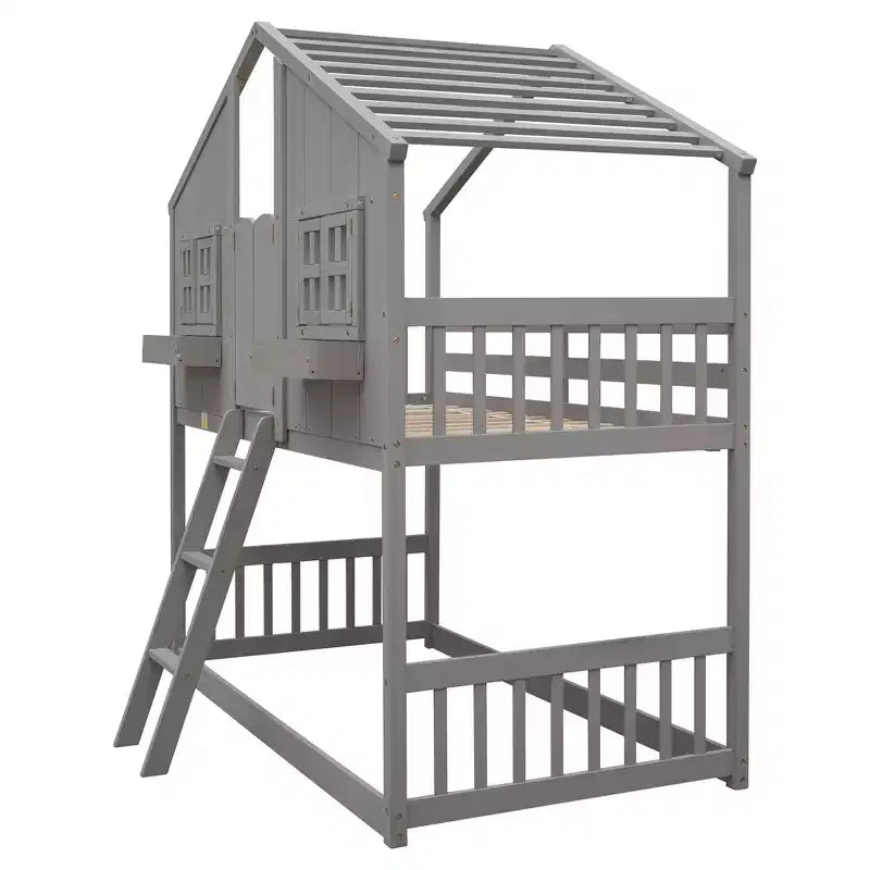 Letto a soppalco a forma di casetta per letto singolo, in legno, con scala e sponde di protezione per bambini