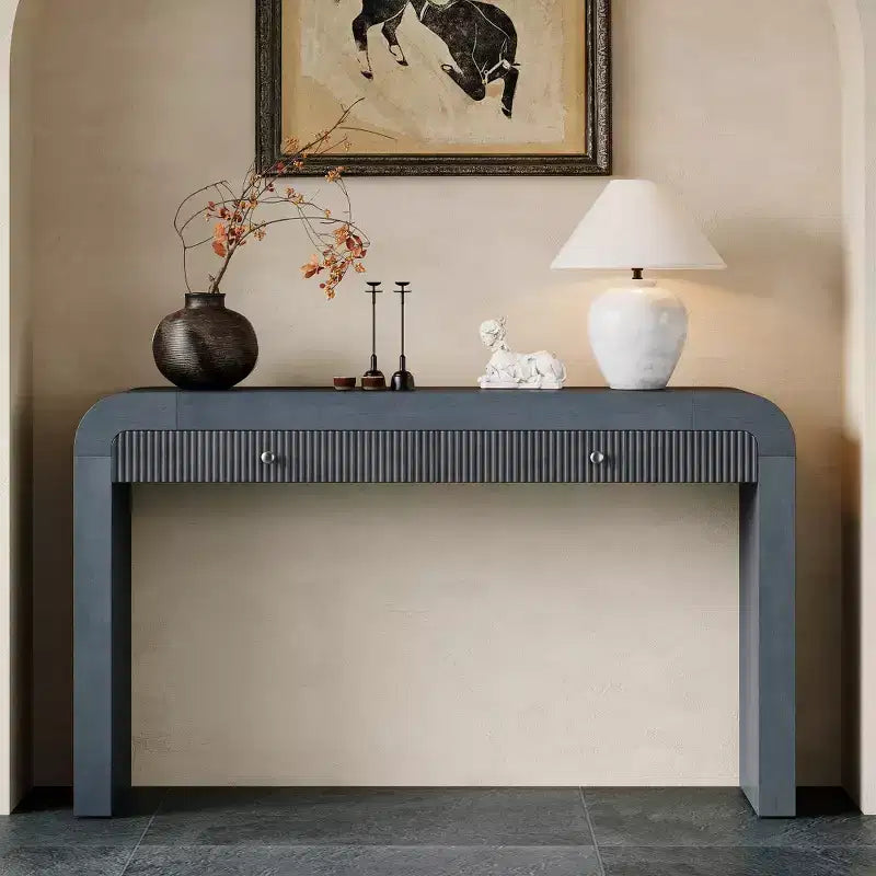 Tavolo consolle rustico Whisen, tavolo da ingresso e tavolino laterale con frontale del cassetto scanalato