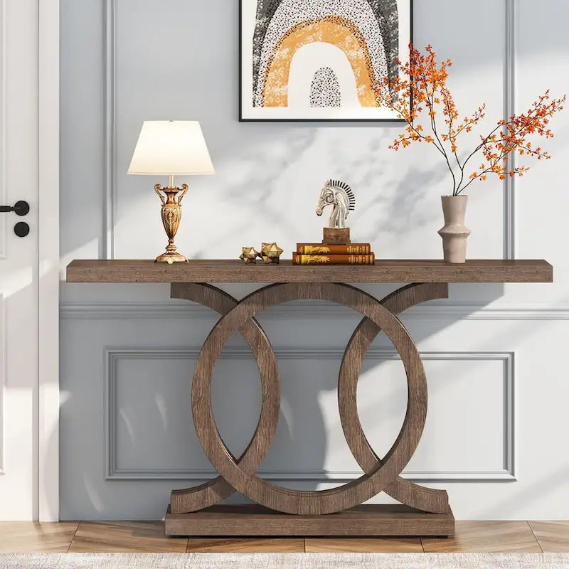 Table console vintage en bois pour couloir, avec piètement géométrique