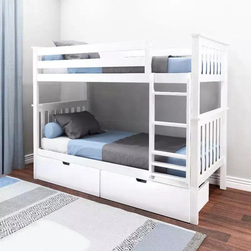 Letto a castello in legno massello per bambini, con due letti singoli sovrapposti e cassetti contenitori sotto il letto