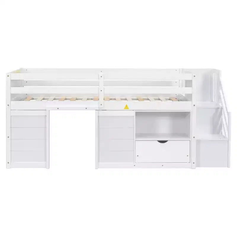 Lit mezzanine bas en bois massif, format simple, 94.6L x 42.3W, avec escalier, tiroir et étagère, design moderne et épuré