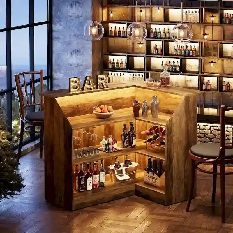 Meuble-bar en forme de L avec porte-verres à pied pour bar à domicile