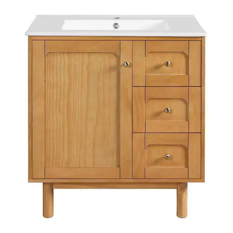 JVNOXK Keramik-Waschtischunterschrank, 30 Zoll, rustikal-modern, mit 3 Schubladen und 1 großen Tür mit Soft-Close-Funktion, Aufbewahrungsschrank, natürliche Holzmaserung
