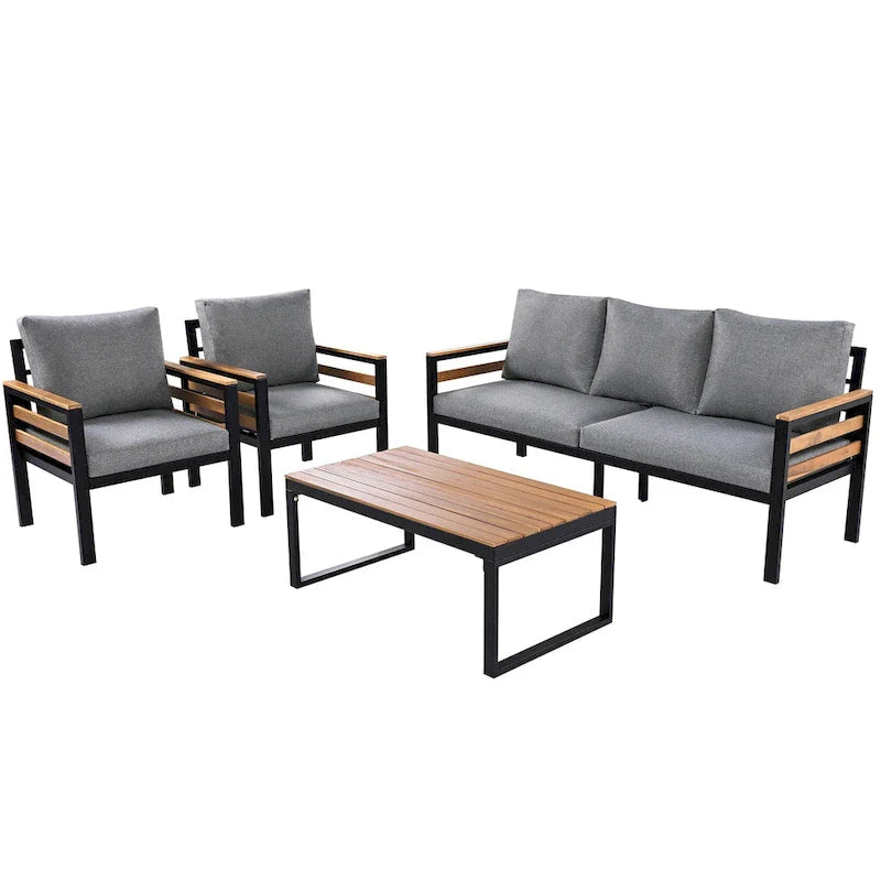 Ensemble de canapé d'extérieur 4 pièces pour 5 personnes, avec table basse en bois massif et coussins amovibles