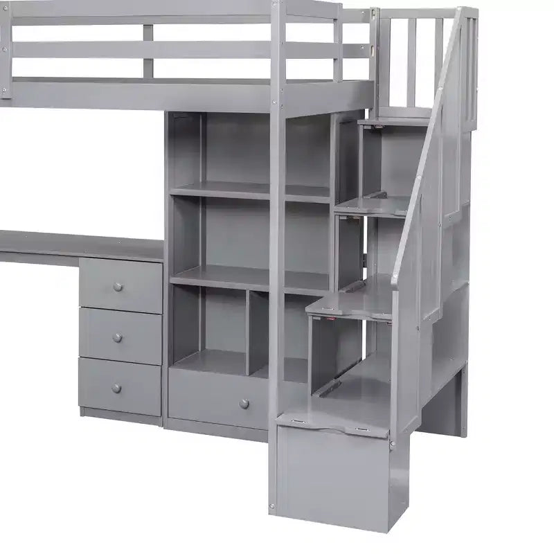 Hoogslaper voor een eenpersoonsmatras met L-vormig bureau, 3 laden, kast, opbergruimte in de trap, gemaakt van massief grenenhout/MDF