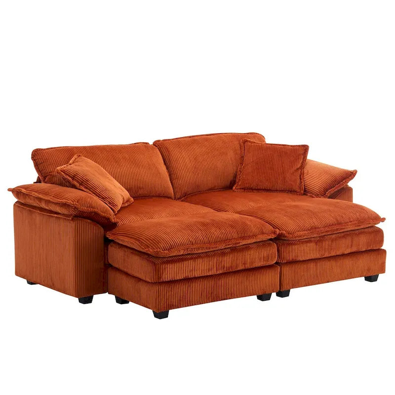 Modernes 2-Sitzer-Cordsofa mit 4 Stützkissen und 2 Hockern