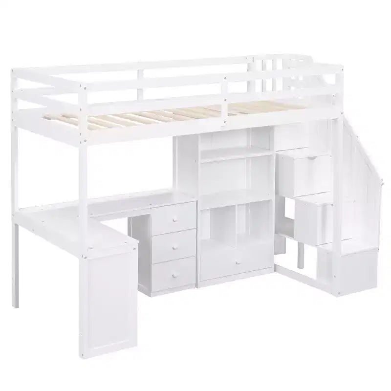 Hoogslaper voor een eenpersoonsmatras met L-vormig bureau, 3 laden, kast, opbergruimte in de trap, gemaakt van massief grenenhout/MDF