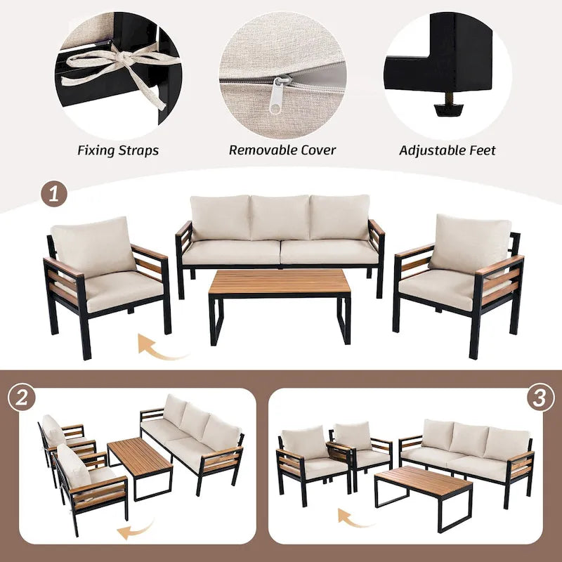 Ensemble de canapé d'extérieur 4 pièces pour 5 personnes, avec table basse en bois massif et coussins amovibles