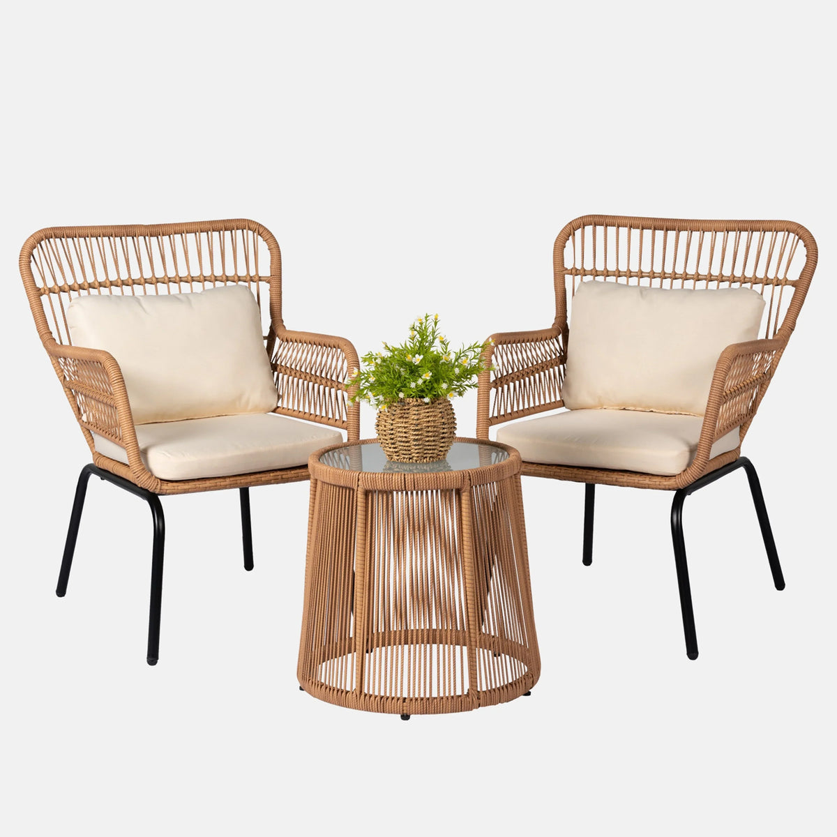 Ensemble bistro de jardin en osier de 3 pièces, ensemble de fauteuils de patio en rotin toutes saisons avec coussins