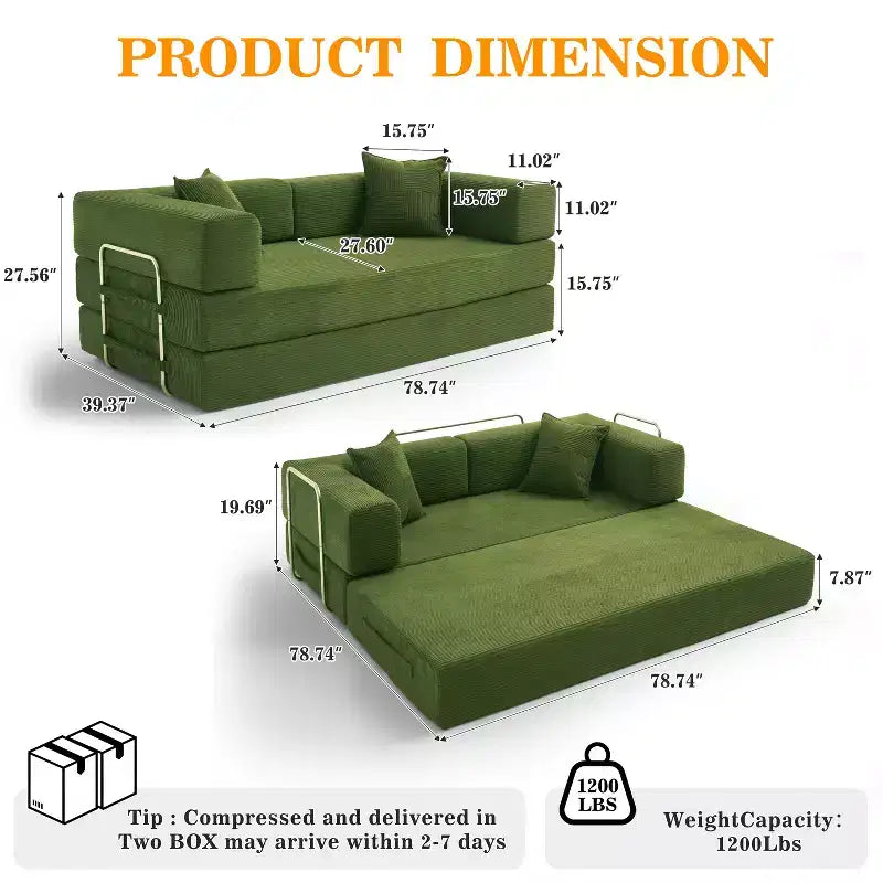 Dyonery canapé-lit pliant 78 en velours côtelé, convertible en lit, format king size, couchage au sol, canapé modulable 4-en-1 à combiner soi-même, confortable et dépliable.