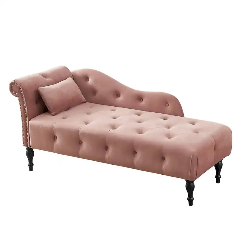 Moderne Chaiselongue, 60.6, mit Samtbezug, Knopfheftung, Beinen aus Massivholz und Ziernägeln