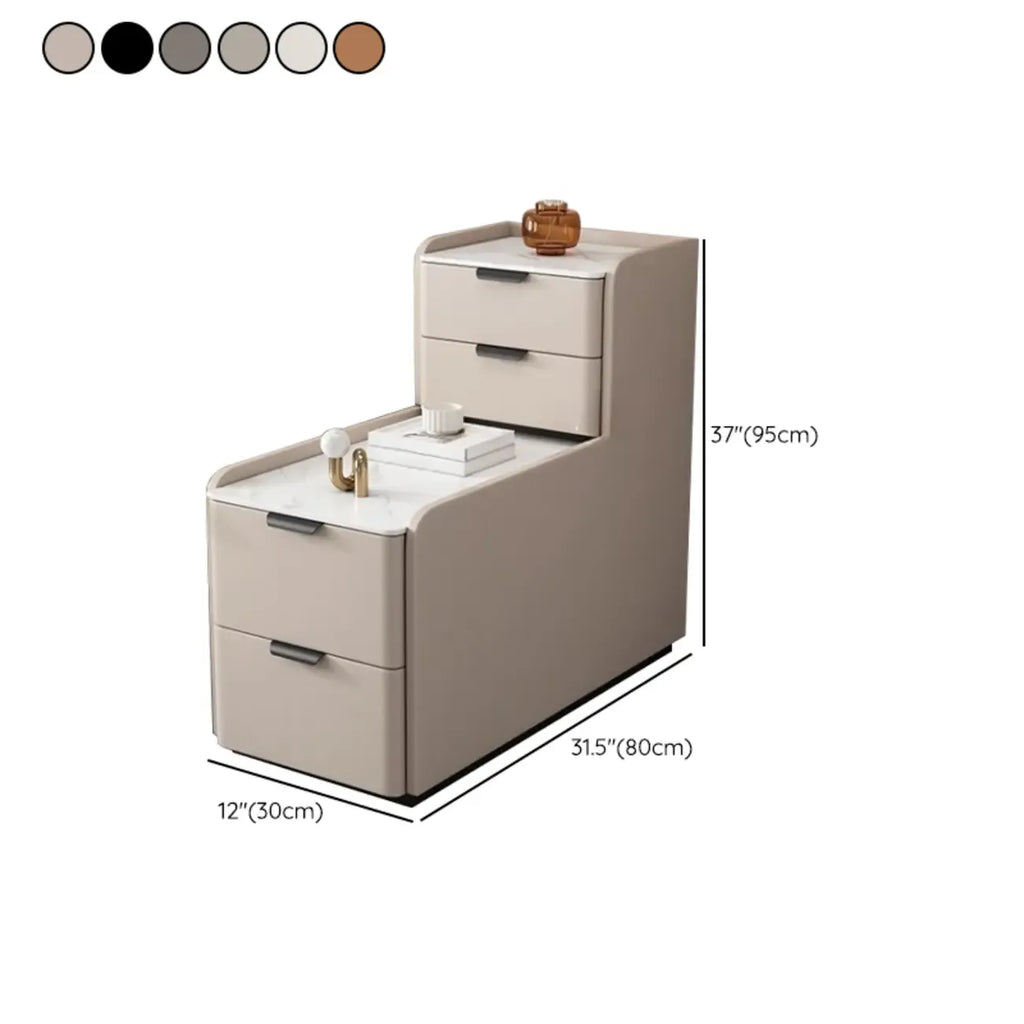 Hoher Sofa-Beistelltisch in L-Form aus Holz mit Steinplatte und 4 Schubladen