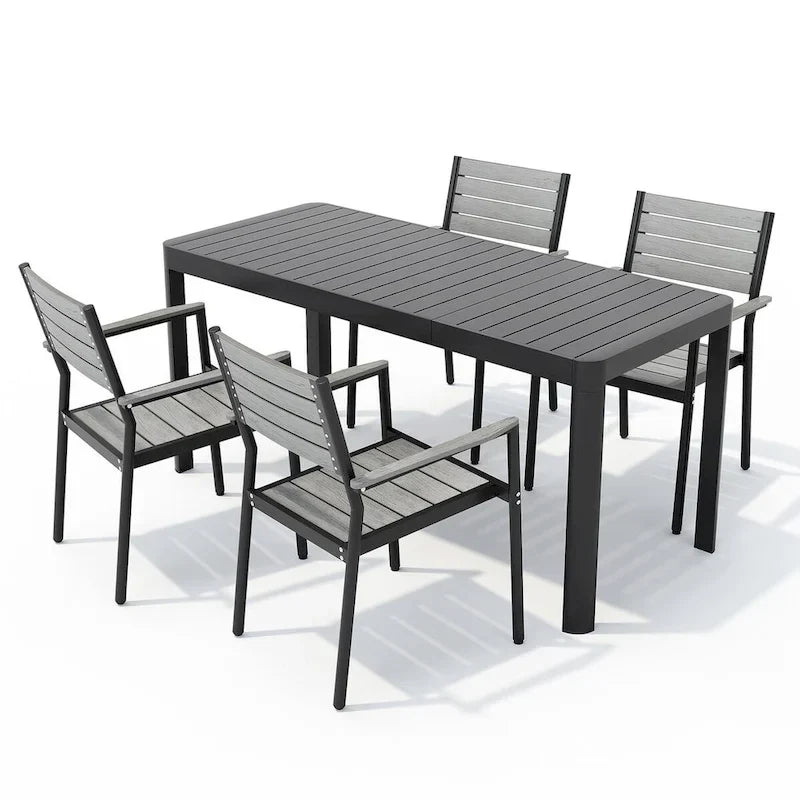 Set da pranzo da esterno in alluminio da 5/7 pezzi con sedie impilabili e tavolo allungabile