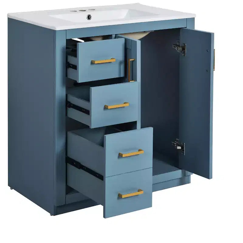 Badkamermeubel van 30 inch met enkele wastafel, kast en 3 laden - zwart / blauw / groen / indigo / wit