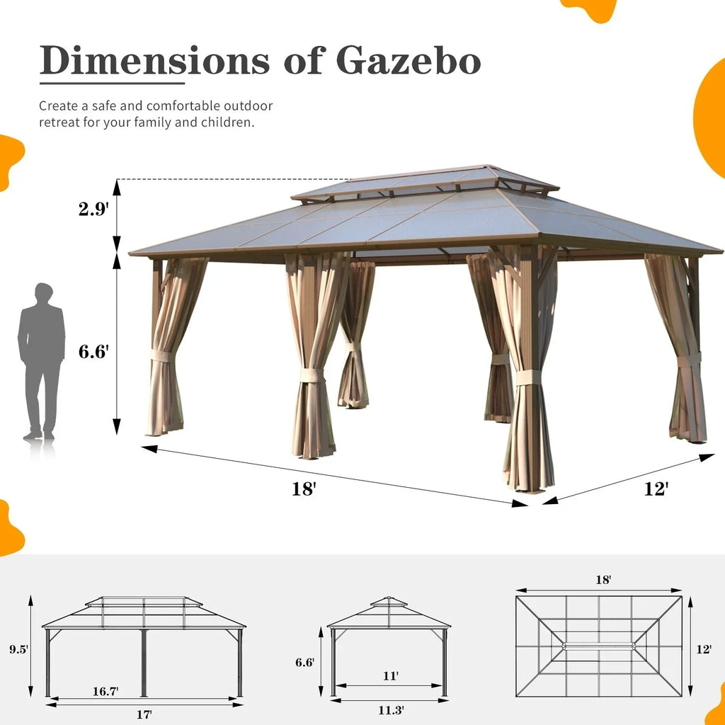 Gazebo EROMMY con tetto rigido, pergola da esterno con doppio tetto, rete e tende, copertura robusta per patio, giardino e feste in piscina