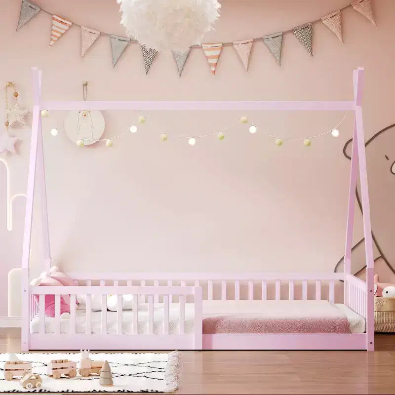 Vloerbed voor kinderen, tentbedden in eenpersoonsformaat, Montessori-vloerbed met latten en hekwerk, houten huisbedframe voor jongens en meisjes