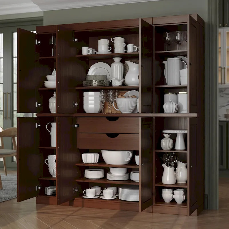 Credenza dispensa da cucina in legno massello al 100%, con ante in vetro o legno massello e kit con 2 cassetti, 65 x 71.5