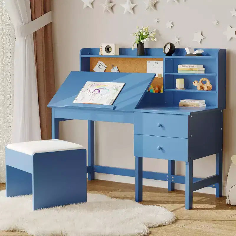 Schreibtisch- und Stuhlset für Kinder, hölzerner Lerntisch mit verstellbarer, neigbarer Tischplatte, Schubladen und Korktafel - Lernschreibtisch-Set für Kinder