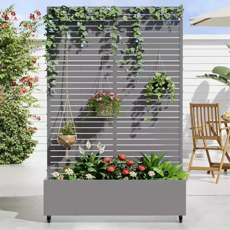 MAYEERTY Jardinière avec treillis en fer gris, style classique à persiennes, 72x35x16in, lot de 3 pièces