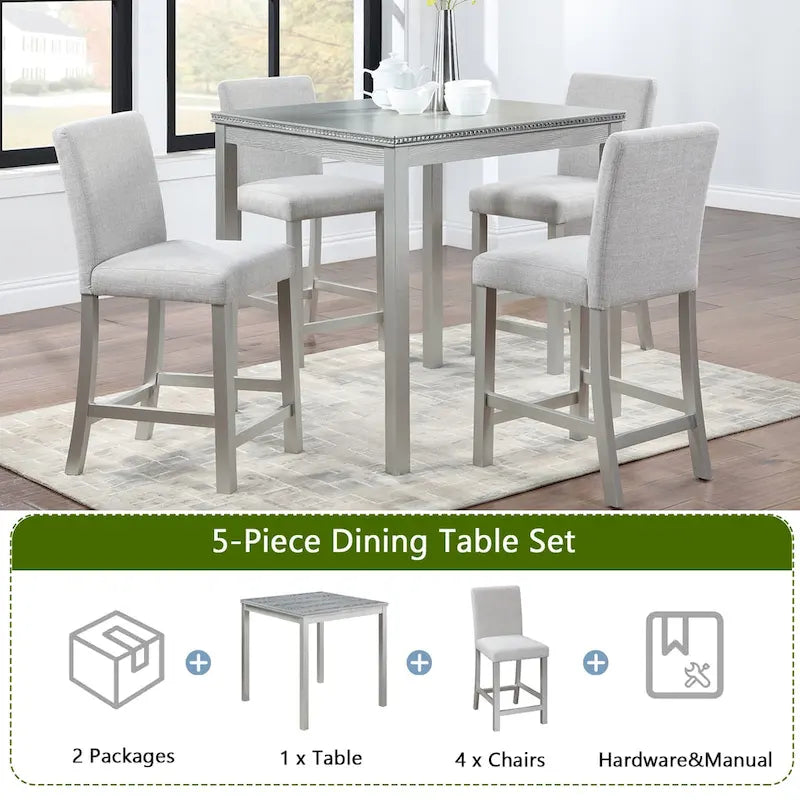 Set da pranzo moderno da 5 pezzi con tavolo quadrato da bar e 4 sedie imbottite