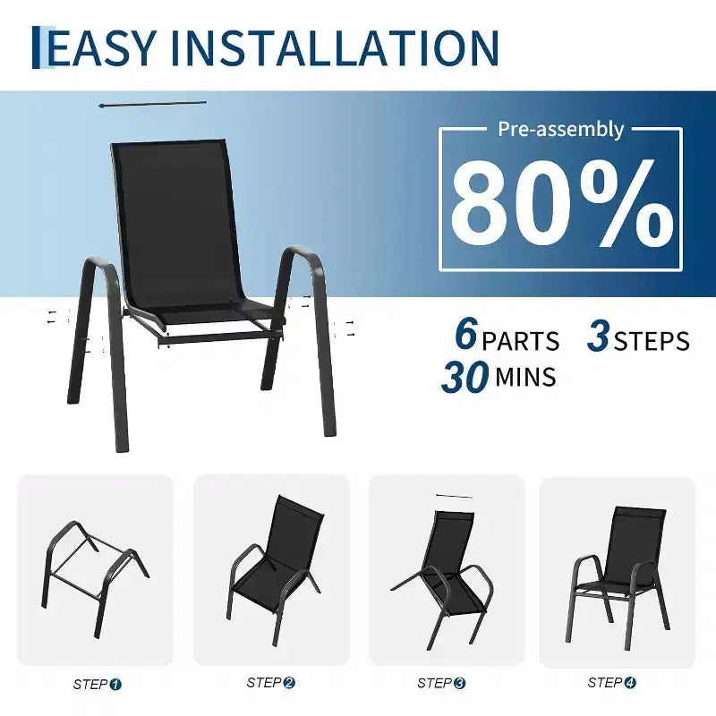 Chaises de patio, lot de 4/6 chaises de repas d’extérieur empilables et légères en textilène, toutes saisons, avec accoudoirs, pour la cour et le bord de la piscine