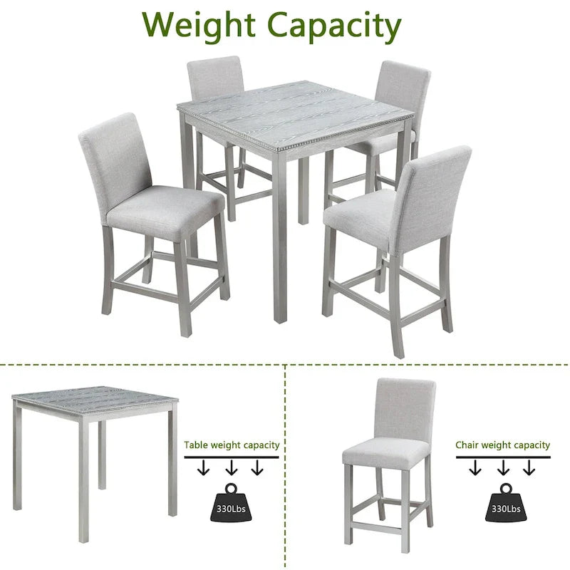 Set da pranzo moderno da 5 pezzi con tavolo quadrato da bar e 4 sedie imbottite