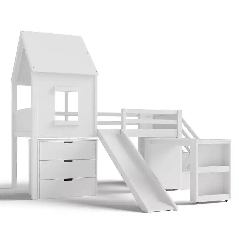 Einzel-Hochbett mit 3 Schubladen und Treppe mit Stauraum, Hausbett aus Holz mit Rutsche und abnehmbarem Schreibtisch