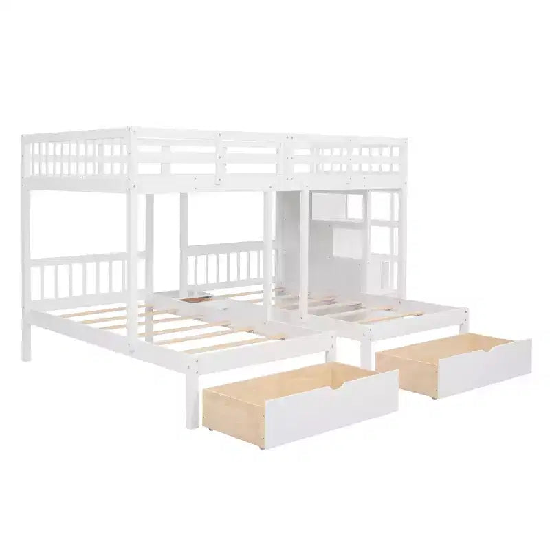 Lit superposé Whisen avec lit double au-dessus de deux lits simples, en bois, avec tiroirs et barrières de sécurité