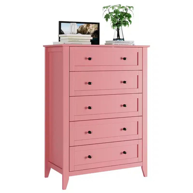 Cassettiera alta 42.5 pollici con 5 cassetti per camera da letto, mobile contenitore in legno con cassetti profondi 11.9 pollici e pomelli in metallo dorato, ideale per ingresso o corridoio
