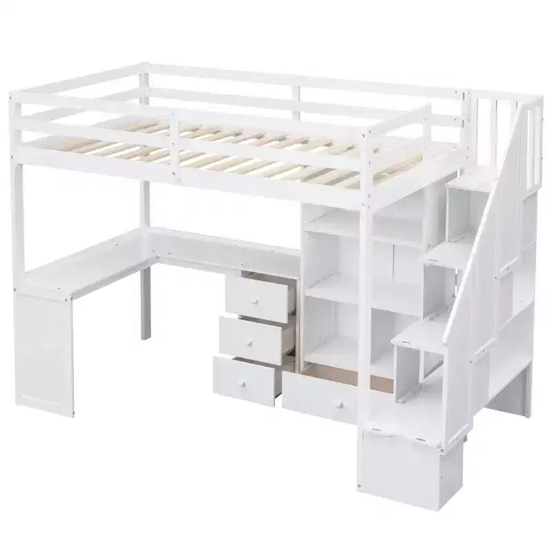 Hoogslaper voor een eenpersoonsmatras met L-vormig bureau, 3 laden, kast, opbergruimte in de trap, gemaakt van massief grenenhout/MDF