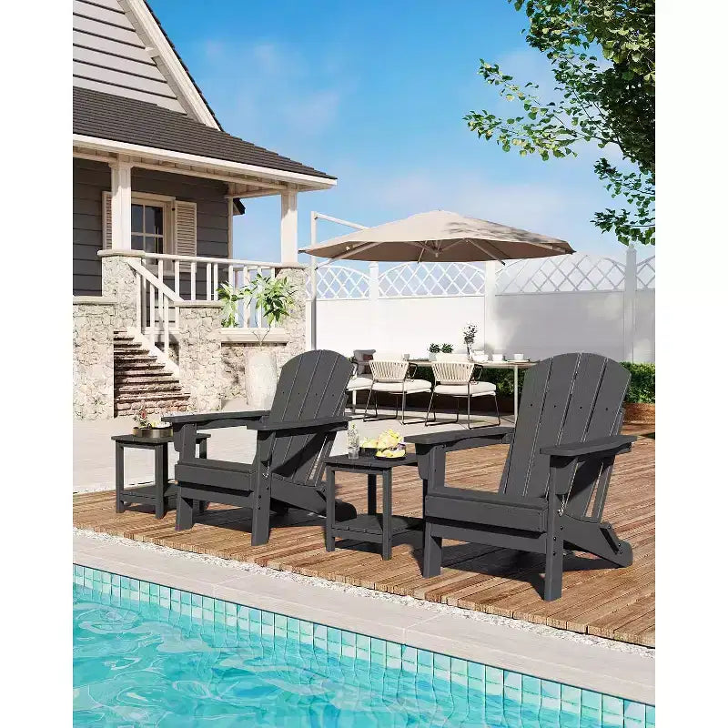 2er-Set klappbare Adirondack-Stühle mit Beistelltisch, HDPE-Kunststoff in Holzoptik, Tragkraft 380lbs, wetterfestes Outdoor-Set für Terrasse, Deck und Feuerstelle