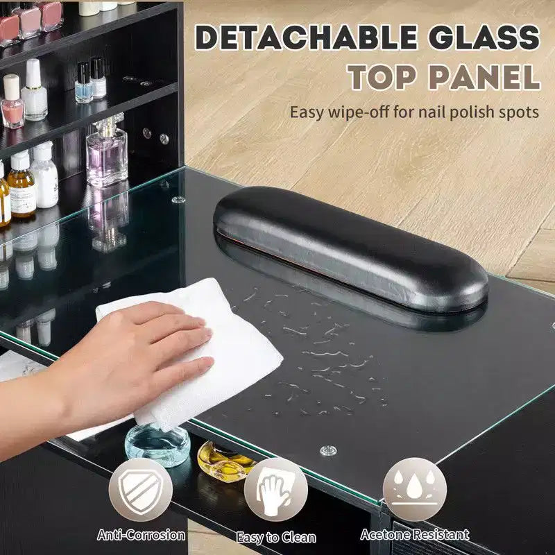 Zwart / roze moderne manicuretafel met glazen blad en polssteun, één werkplek