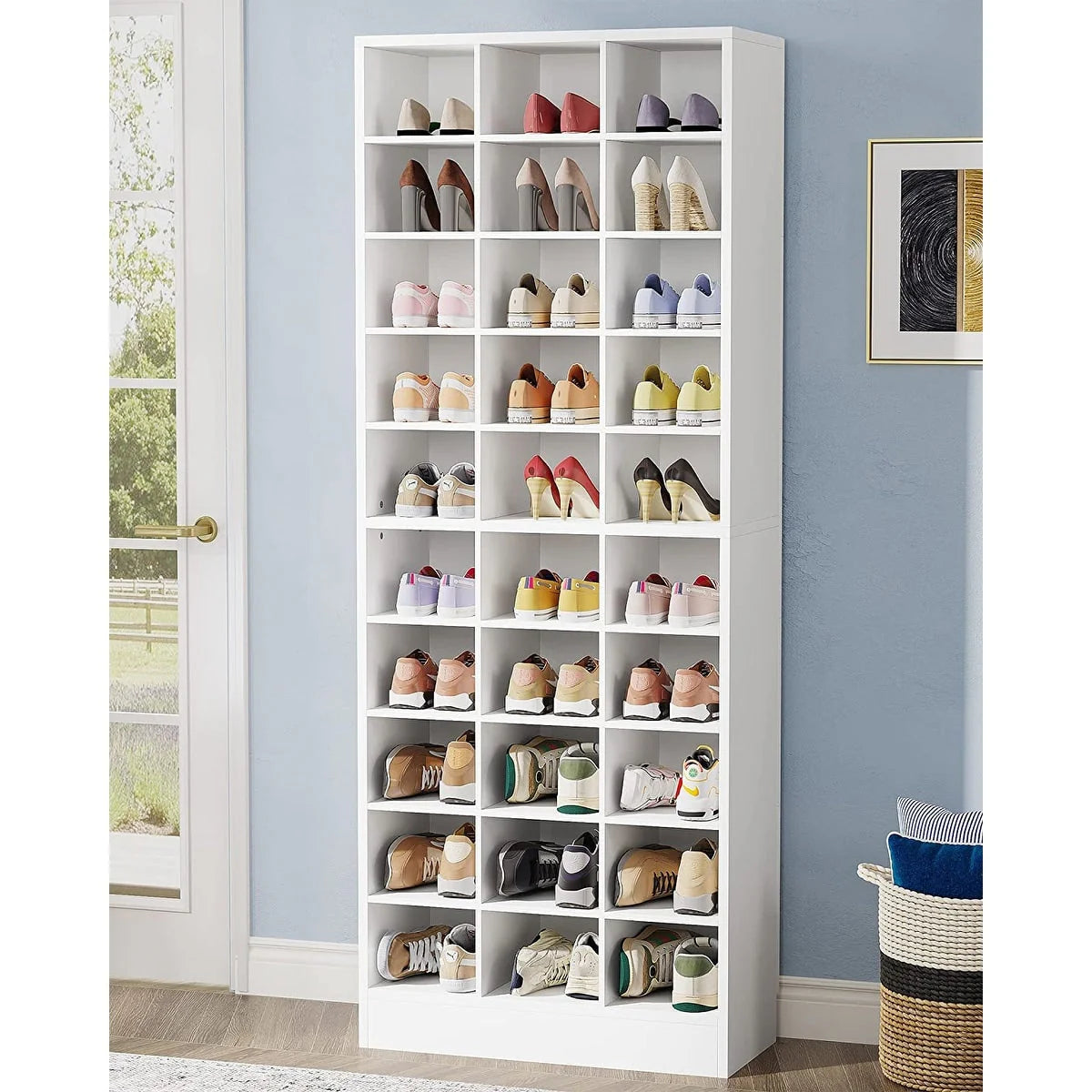 Meuble à chaussures haut pour 30 paires, meuble de rangement à 10 niveaux en bois blanc pour placard et entrée - 10 niveaux