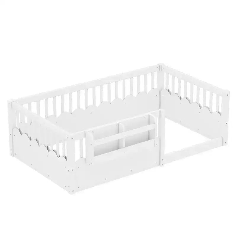Bellemave-Kinderbodenbett mit erhöhtem Rausfallschutz und Bücherregal, hölzernes Montessori-Einzelbettgestell für Mädchen und Jungen