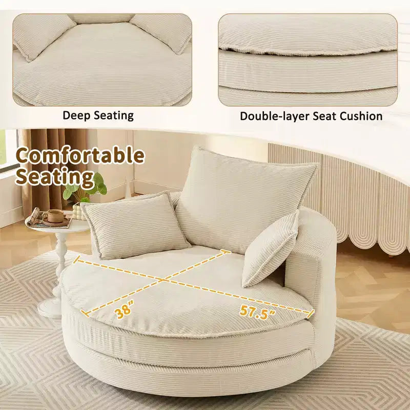 Fauteuil d’appoint pivotant à 360°, fauteuil tonneau rond pivotant avec coussin pour le salon