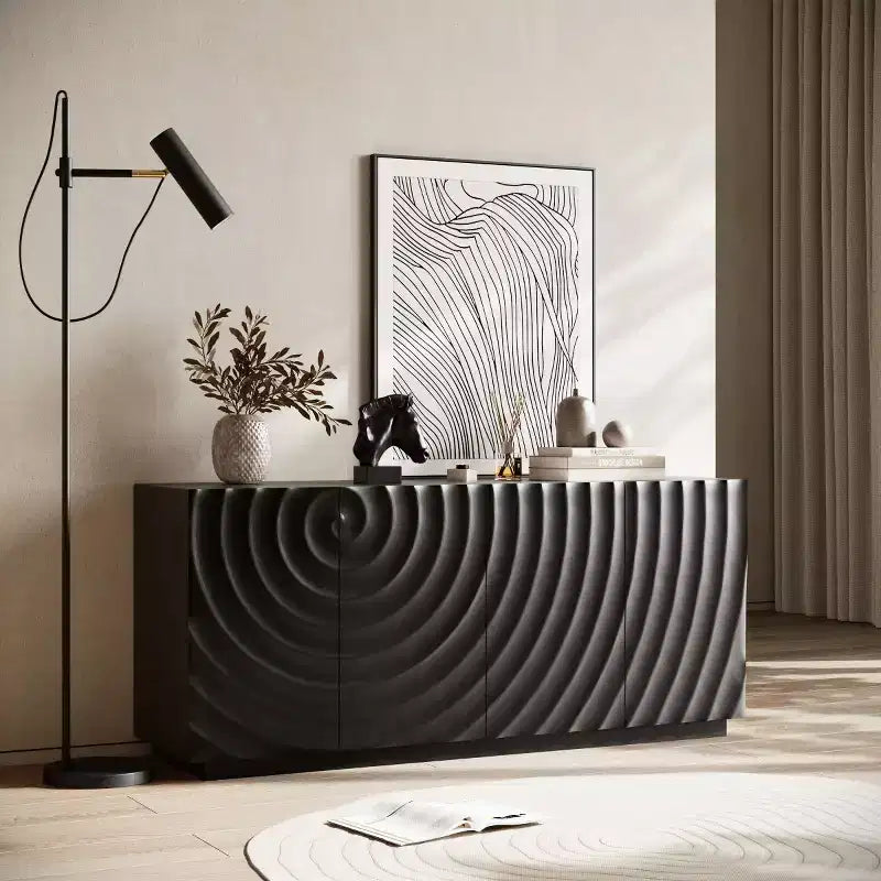 59 modern spiraalvormig dressoir, laag opbergmeubel voor de hal met deuren met 3D-ribbelstructuur