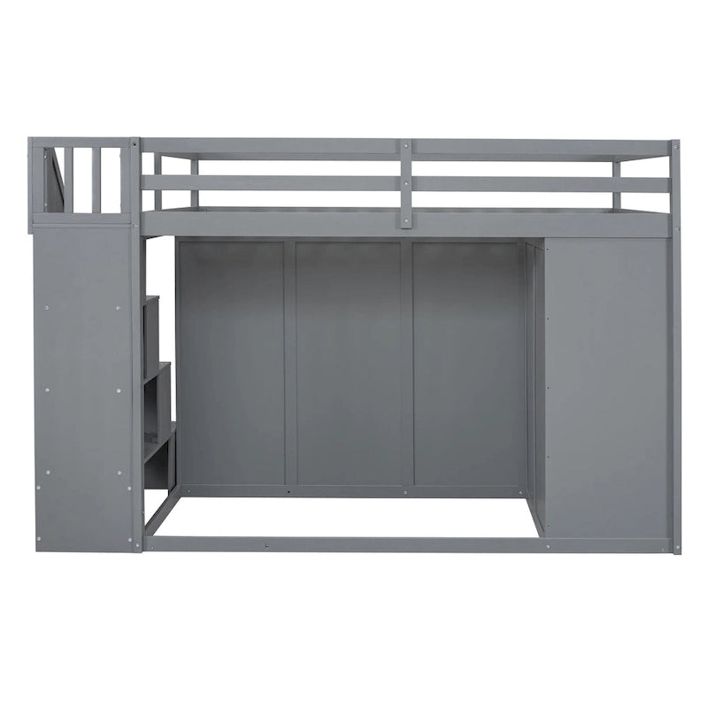 Lit mezzanine gris en bois, format double, avec penderies, tiroirs et escalier de rangement
