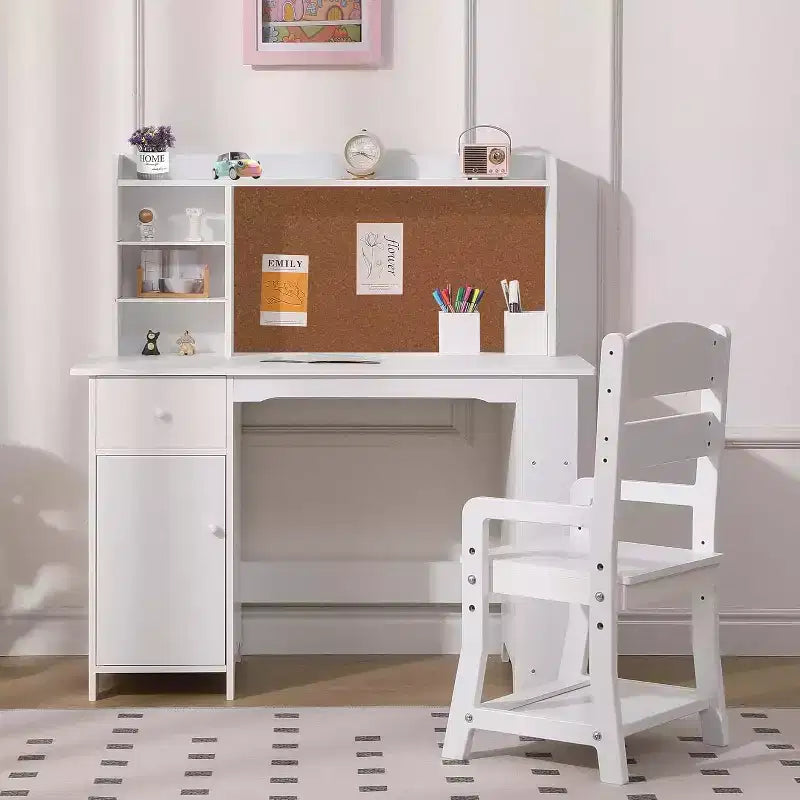 Scrivania e sedia per bambini, set per ragazzi e ragazze, tavolo da studio in legno con libreria, bacheca, armadietto e cassetto, per età da 3 a 8 anni