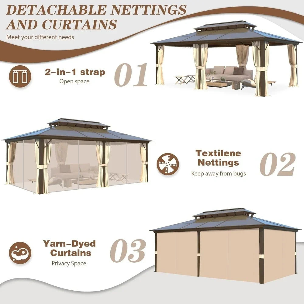 Gazebo EROMMY con tetto rigido, pergola da esterno con doppio tetto, rete e tende, copertura robusta per patio, giardino e feste in piscina
