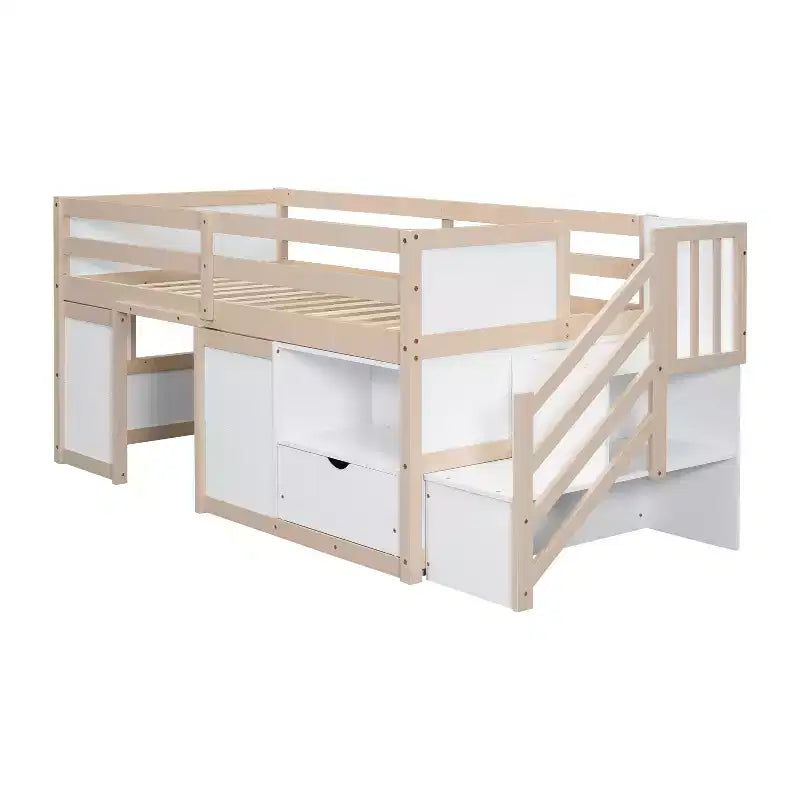 Lit mezzanine bas en bois massif, format simple, 94.6L x 42.3W, avec escalier, tiroir et étagère, design moderne et épuré