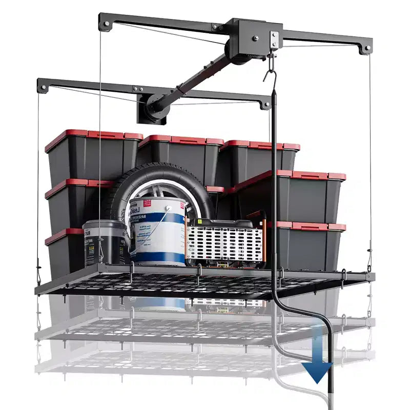 Support de rangement suspendu robuste et réglable pour garage, montage au plafond avec verrou de sécurité, capacité de 250 lb pour bacs, outils, vélos et articles de garage