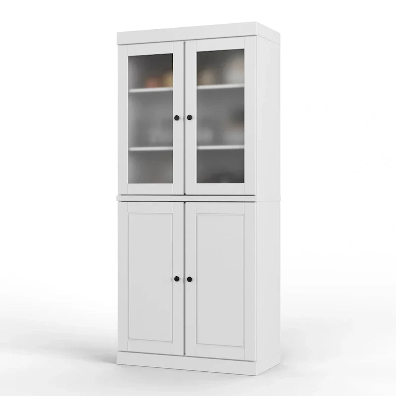 Credenza dispensa in legno massello al 100% con ante in vetro satinato, ante piene, 2 cassetti e ripiani regolabili