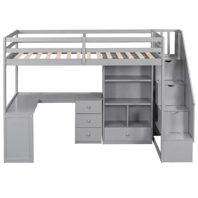 Hoogslaper voor een eenpersoonsmatras met L-vormig bureau, 3 laden, kast, opbergruimte in de trap, gemaakt van massief grenenhout/MDF