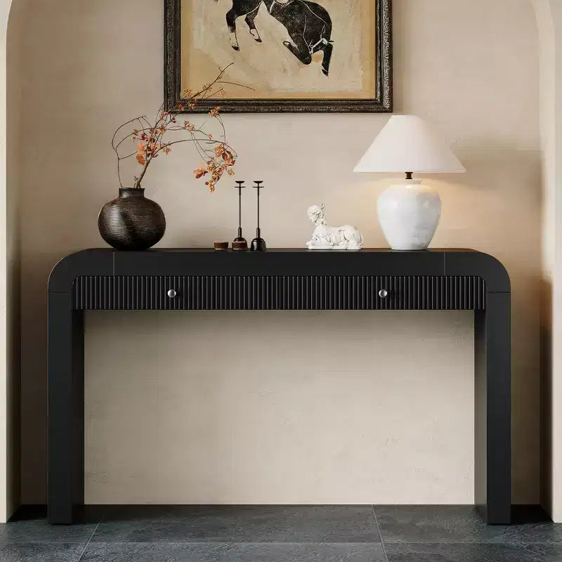 Tavolo consolle rustico Whisen, tavolo da ingresso e tavolino laterale con frontale del cassetto scanalato