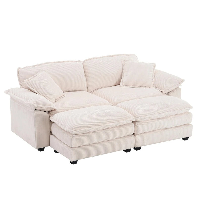 Modernes 2-Sitzer-Cordsofa mit 4 Stützkissen und 2 Hockern