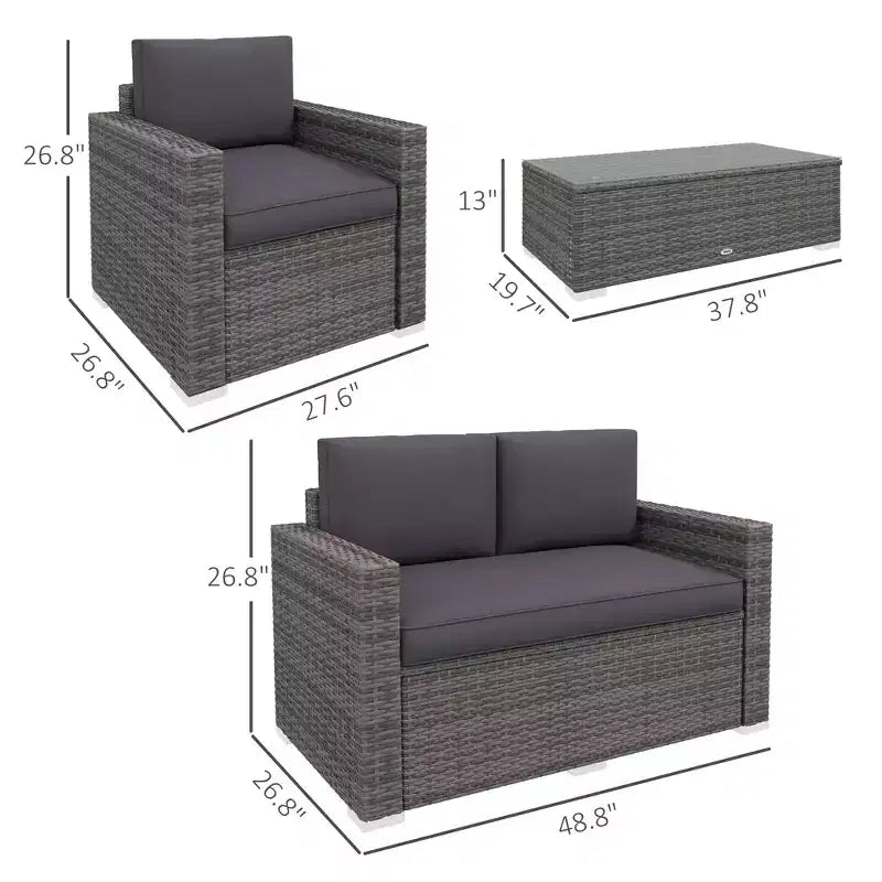 4-teiliges Rattan-Sofaset, Patio-Sofaset aus Korbgeflecht mit Zweisitzersofa, Sesseln und Couchtisch mit Glasplatte für den Garten und Außenbereich