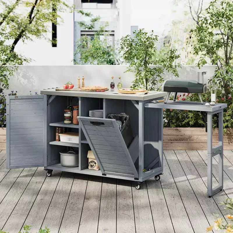 Îlot de cuisine d’extérieur FAMYYT de 78.3 pouces avec plan de travail en acier inoxydable, station de barbecue pliable et placards de rangement, bleu-gris