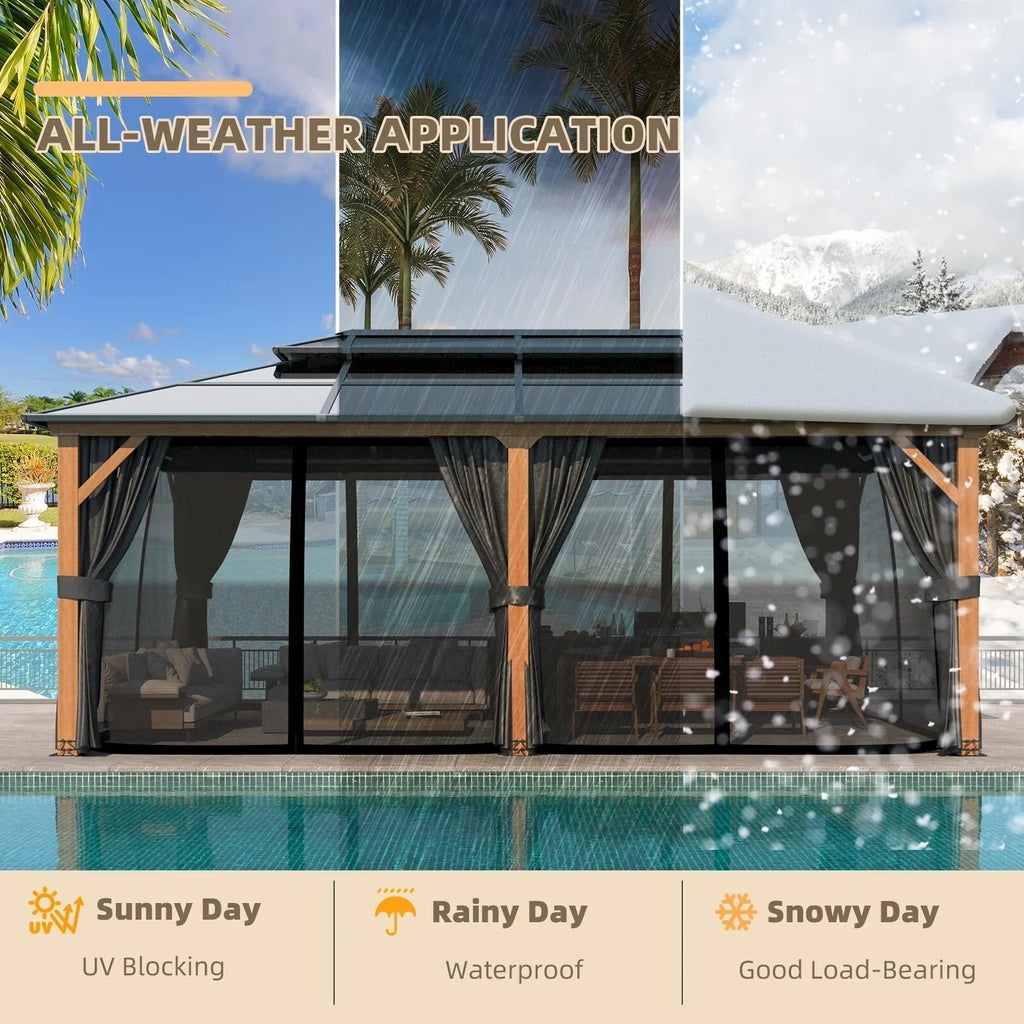 Gazebo EROMMY con tetto rigido, pergola da esterno con doppio tetto, rete e tende, copertura robusta per patio, giardino e feste in piscina