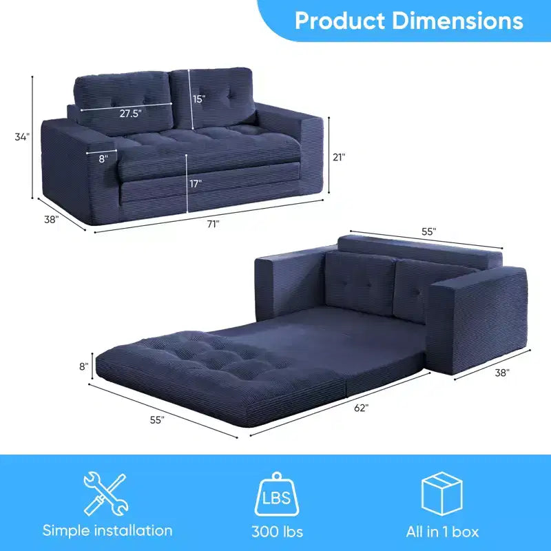 Canapé-lit futon convertible 2-en-1 Mjkone de 71', en tissu côtelé, pliable et capitonné avec boutons, canapé-lit deux places gain de place