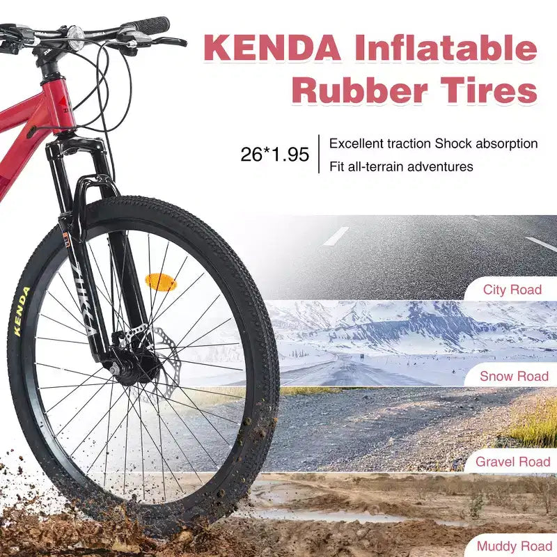 Mountain bike ammortizzata Whisen 26 con cambio posteriore a 8 velocità, forcella, pneumatici KENDA e doppi freni a disco